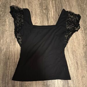 Black Top with Sheer Ruffled Sleeves